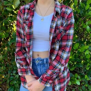 red, black, and yellow/gold flannel